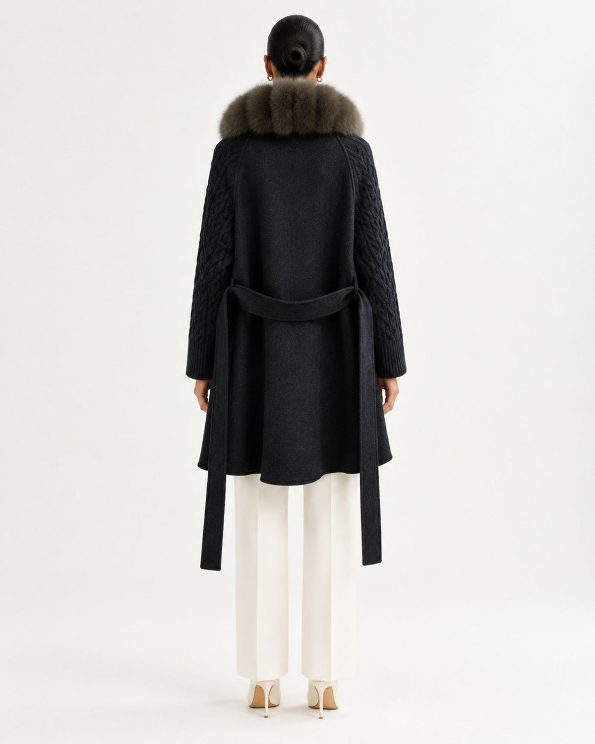 Zira Belted Long Wool Coat with Fox Fur Placket