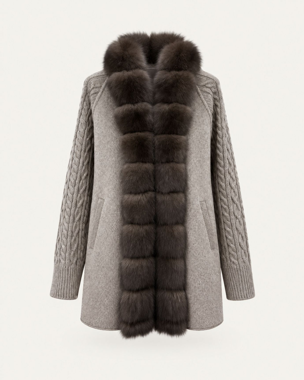 Zira Belted Long Wool Coat with Fox Fur Placket