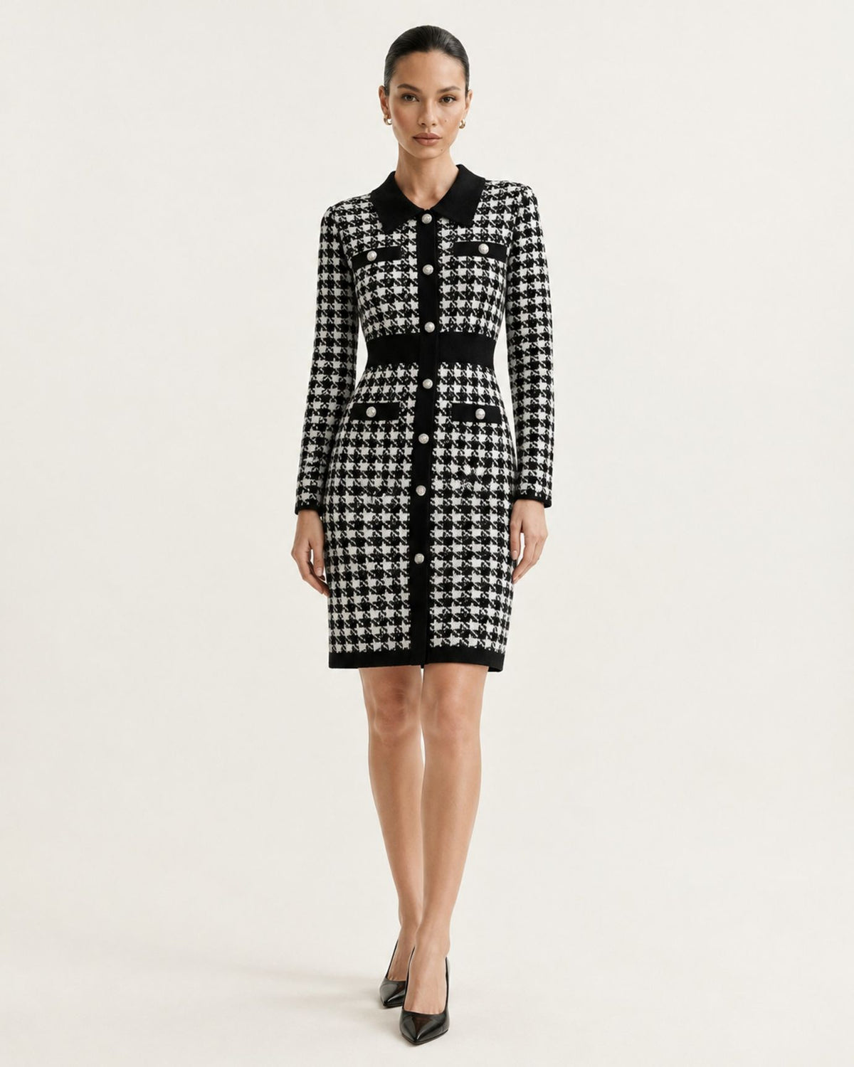 Divina Houndstooth Long-Sleeve A-Line Dress