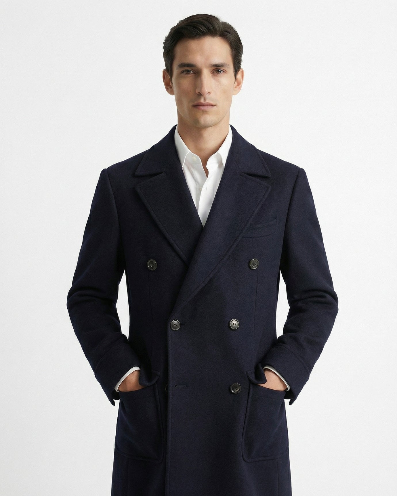 Navy Blue Thick Double-Breasted Wool Coat with Ulster Collar