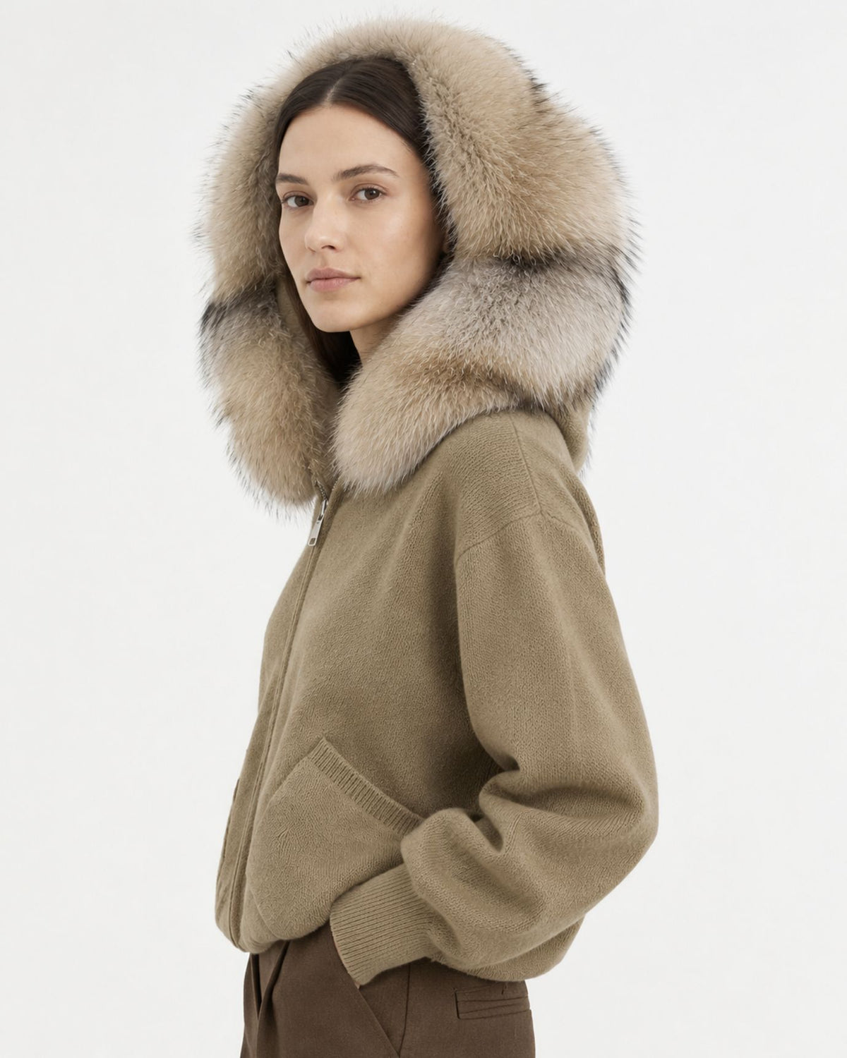 Hooded Knit Cardigan with Removable Fox Fur Trim