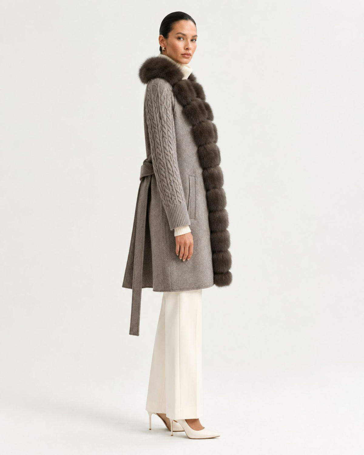 Zira Belted Long Wool Coat with Fox Fur Placket