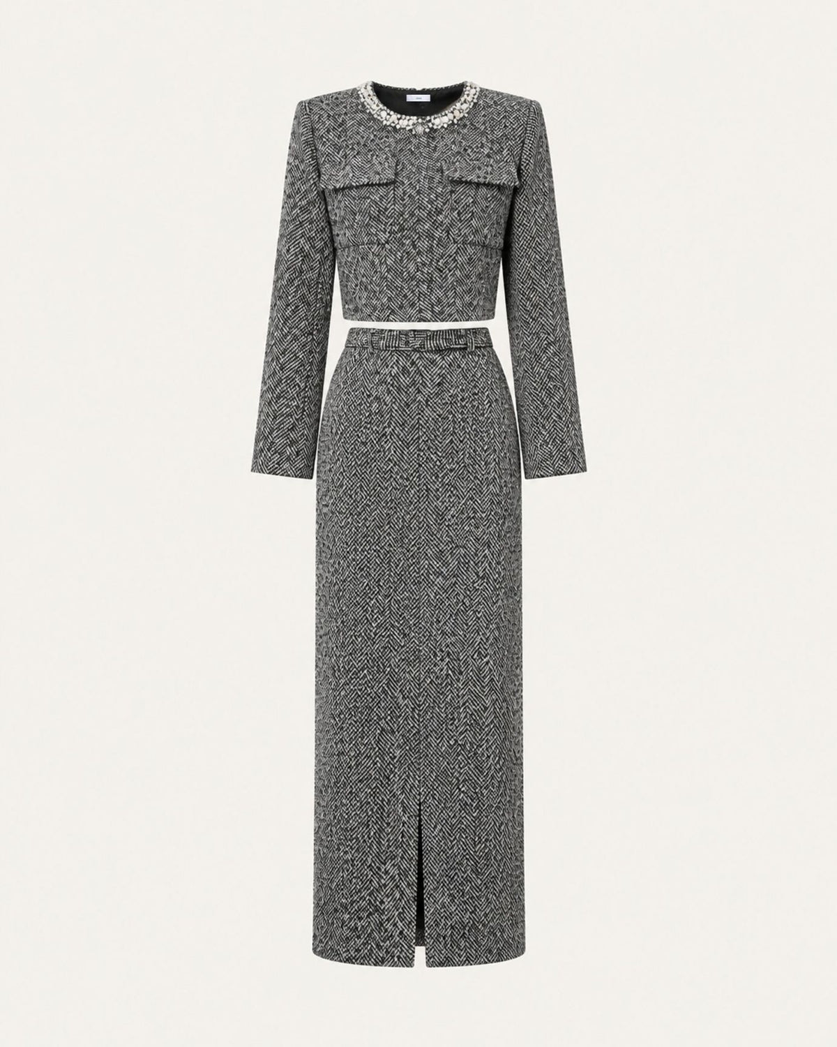 High-Waisted Dark Gray Wool Maxi Skirt & Cardigan set