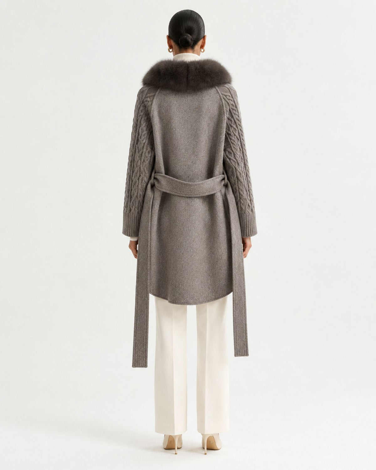 Zira Belted Long Wool Coat with Fox Fur Placket