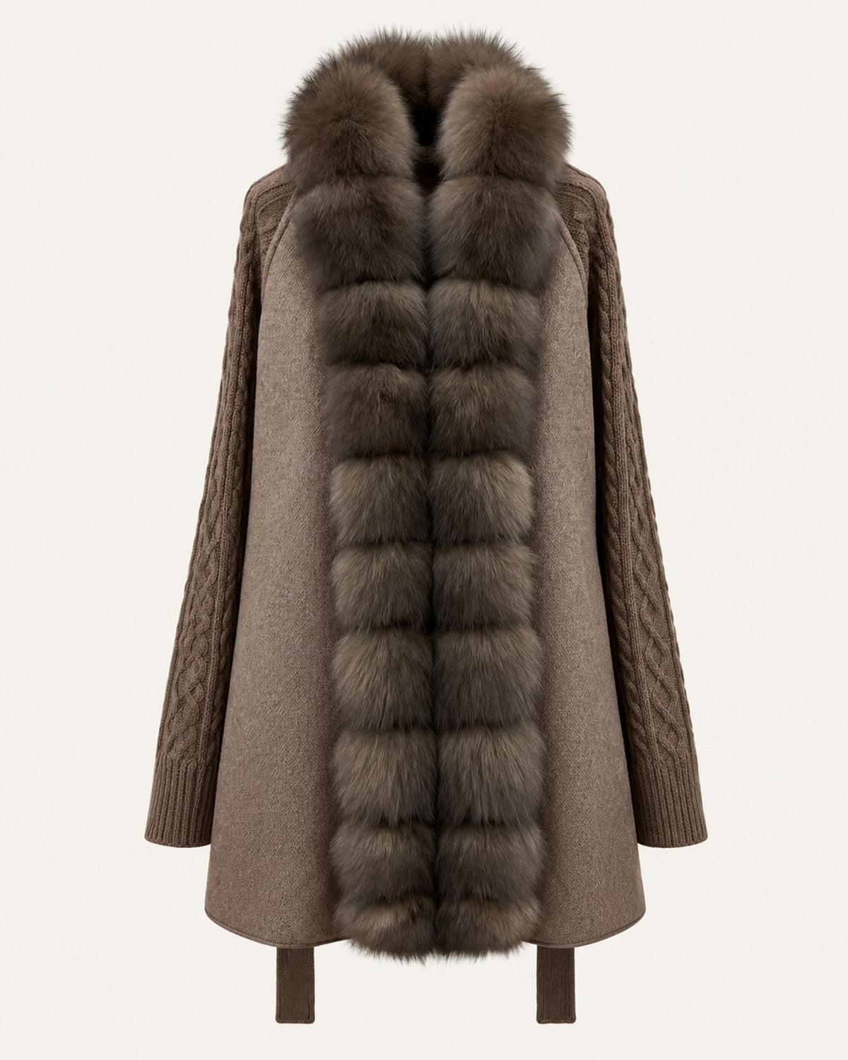 Zira Belted Long Wool Coat with Fox Fur Placket