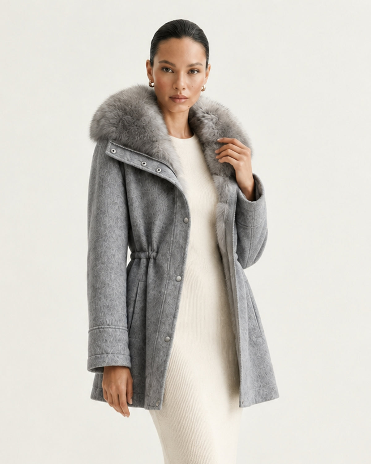 Rabbit Lined Wool Parka with Fox Fur Collar
