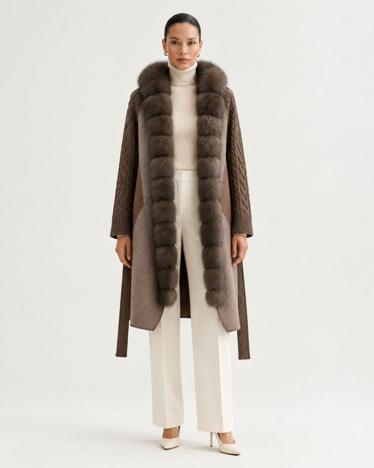 Zira Belted Long Wool Coat with Fox Fur Placket