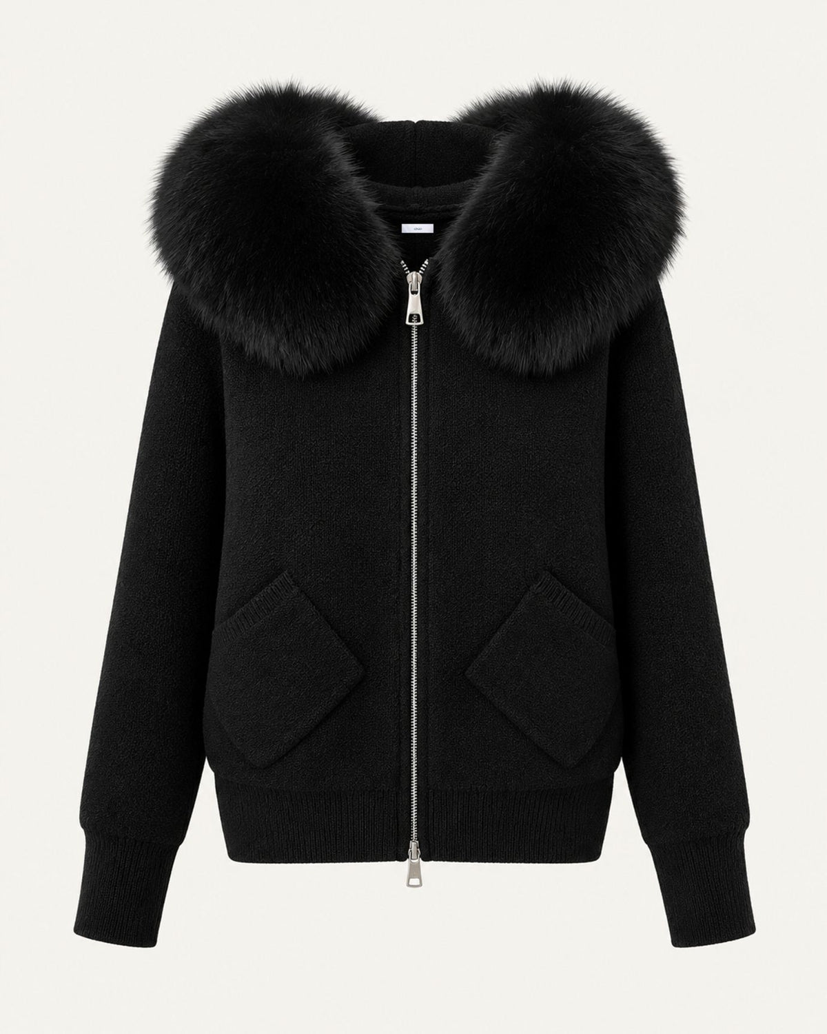Hooded Knit Cardigan with Removable Fox Fur Trim