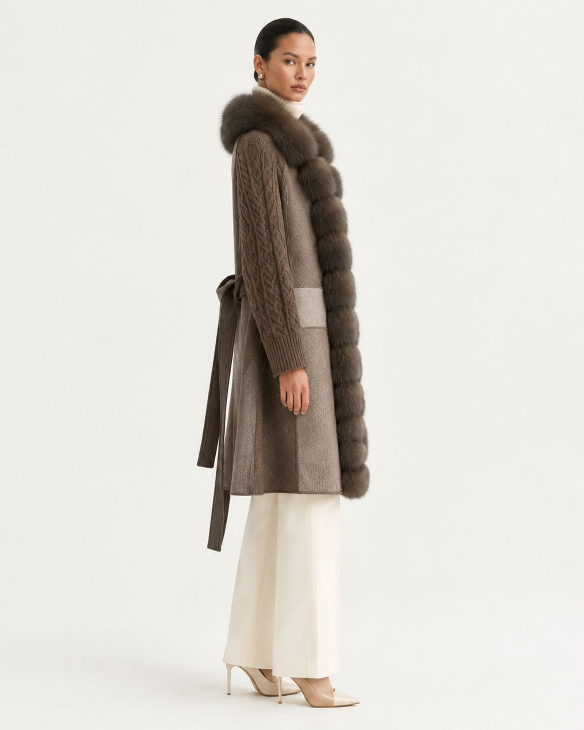 Zira Belted Long Wool Coat with Fox Fur Placket