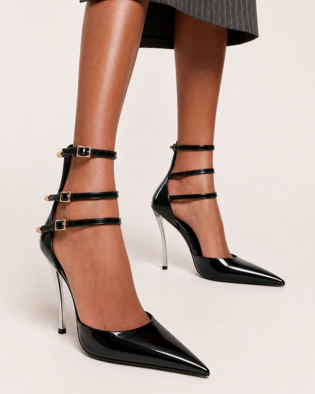Pointed-Toe Patent Leather Ankle-Strap Pumps