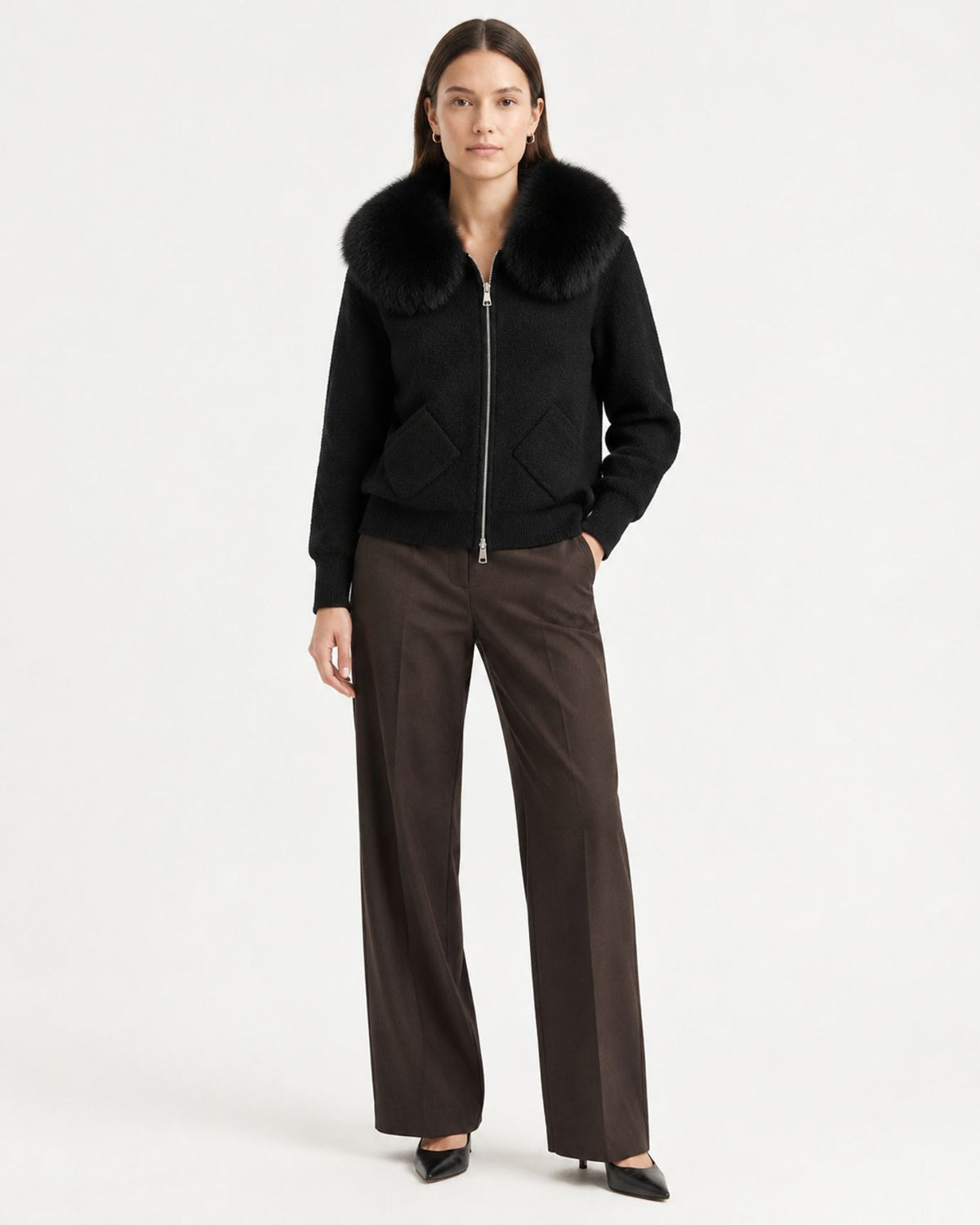 Hooded Knit Cardigan with Removable Fox Fur Trim