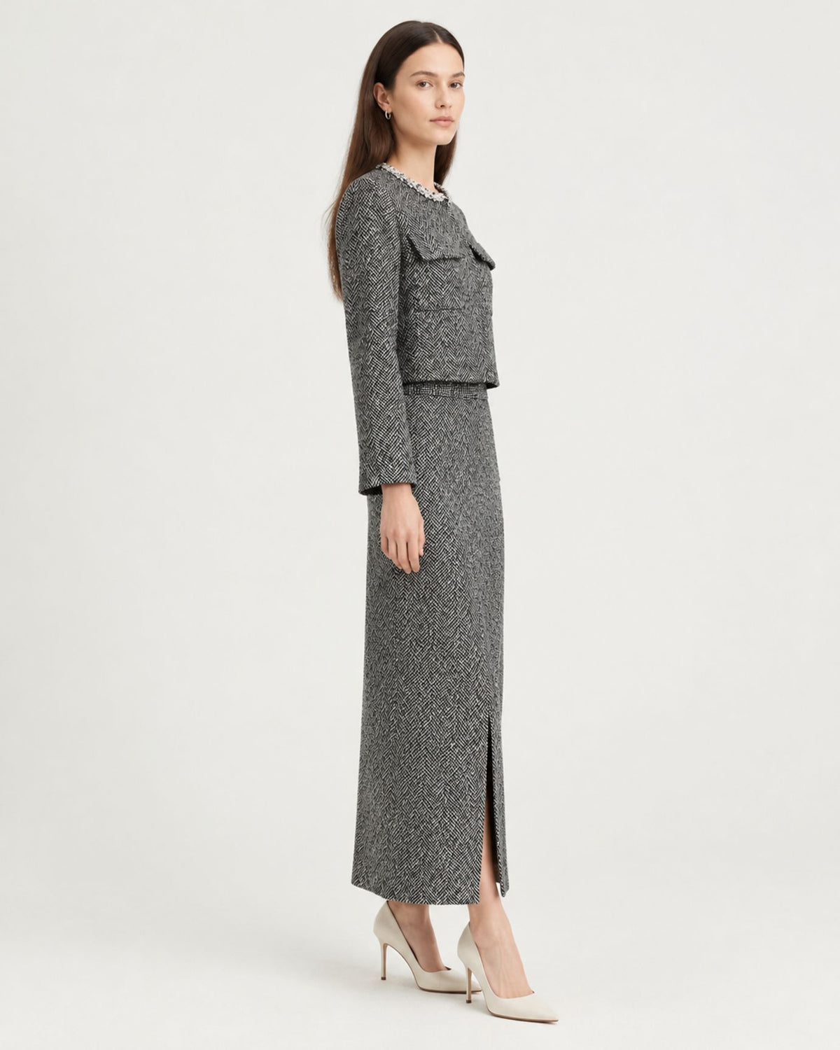 High-Waisted Dark Gray Wool Maxi Skirt & Cardigan set