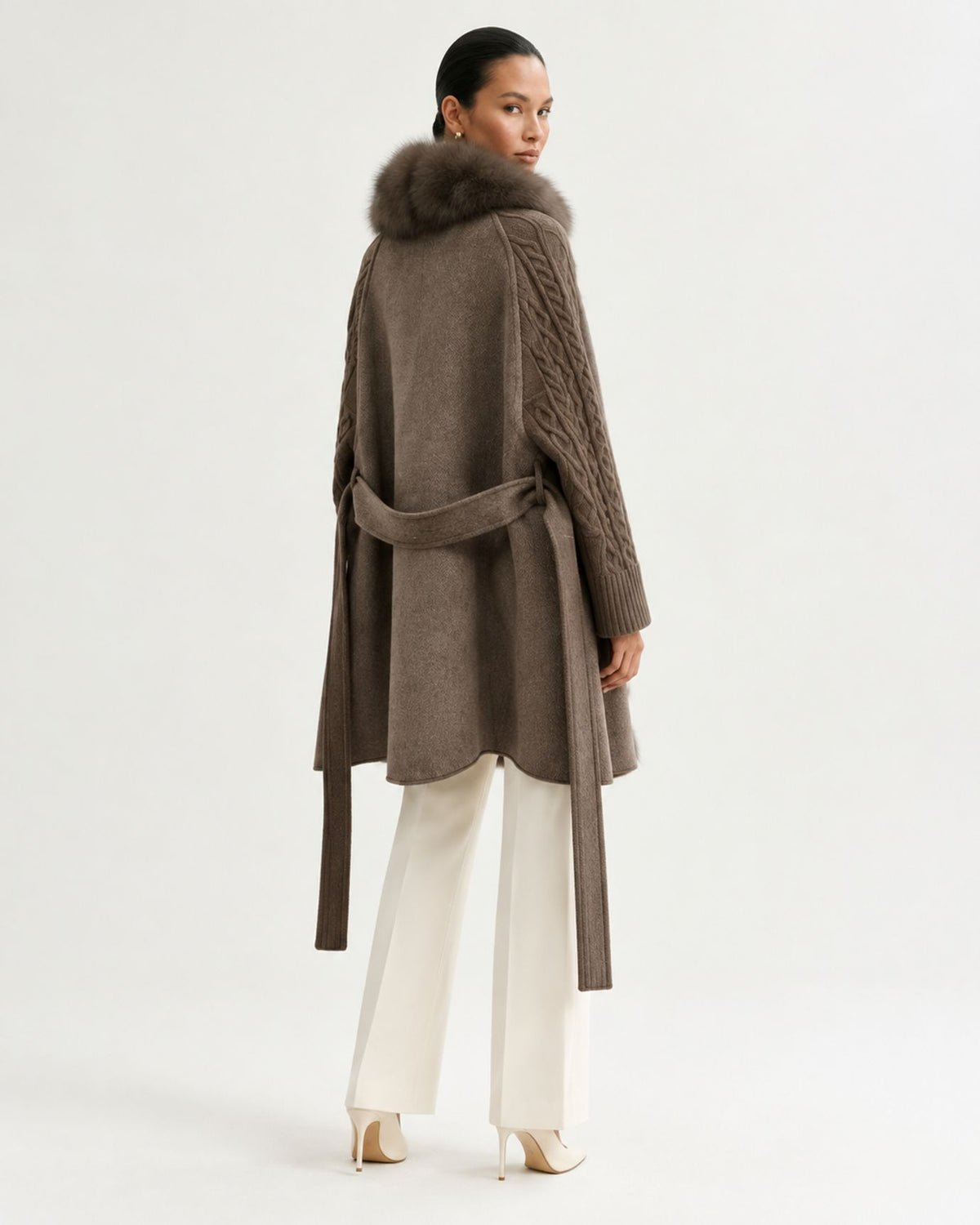 Zira Belted Long Wool Coat with Fox Fur Placket