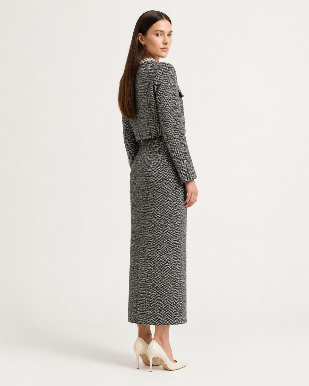 High-Waisted Dark Gray Wool Maxi Skirt & Cardigan set