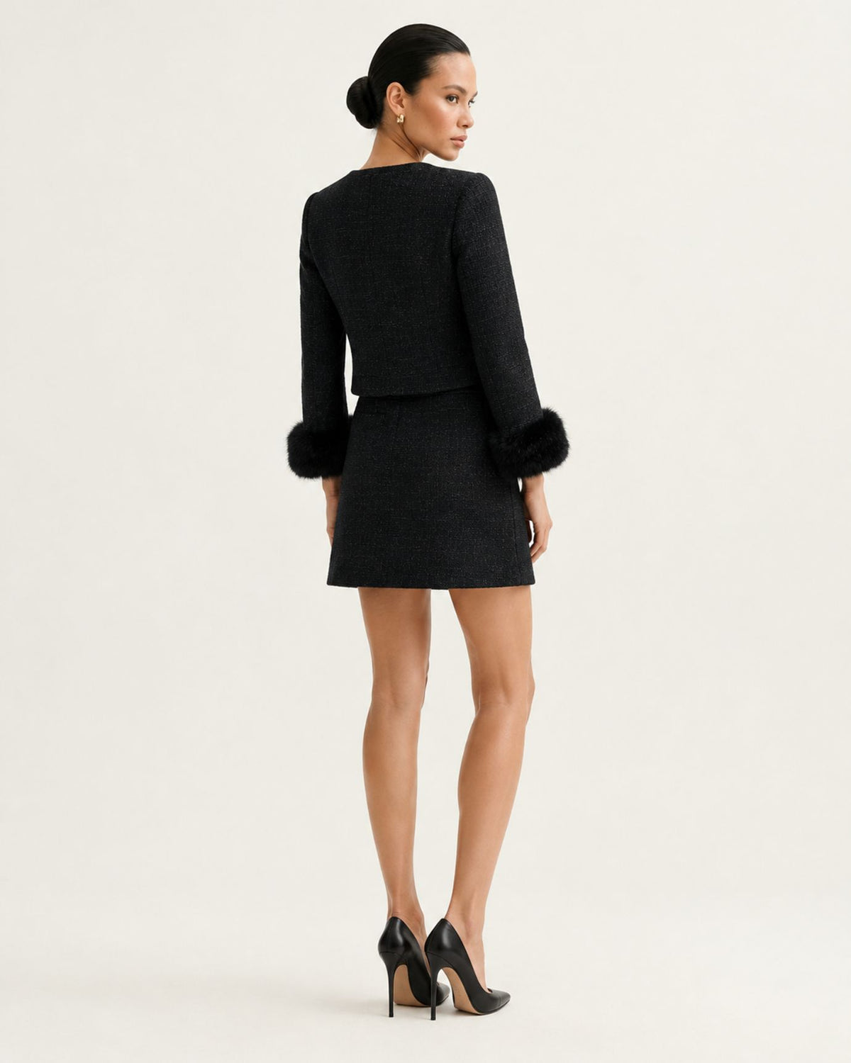 Tailored Black Wool Jacket and High-Waisted Skirt Set