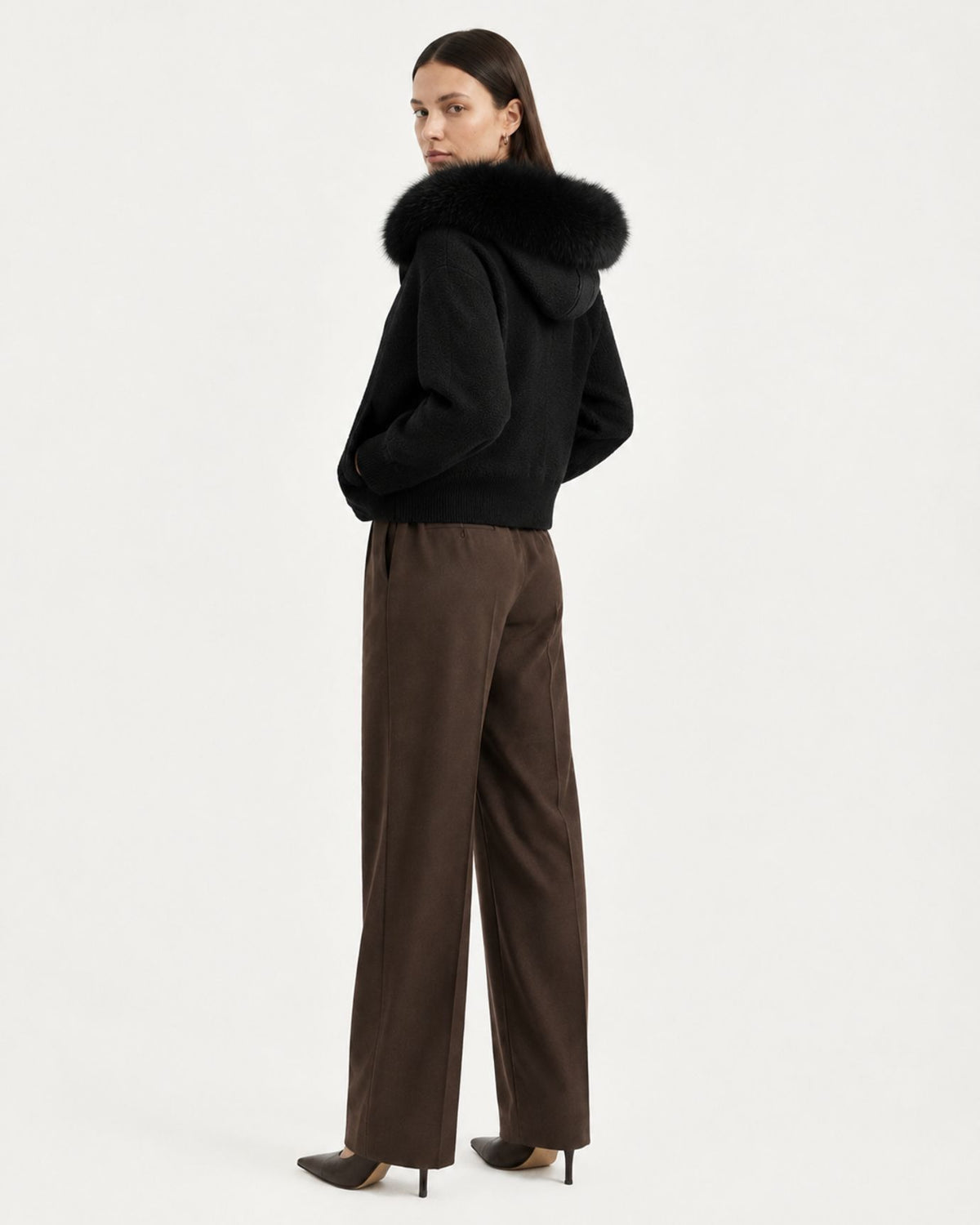 Hooded Knit Cardigan with Removable Fox Fur Trim