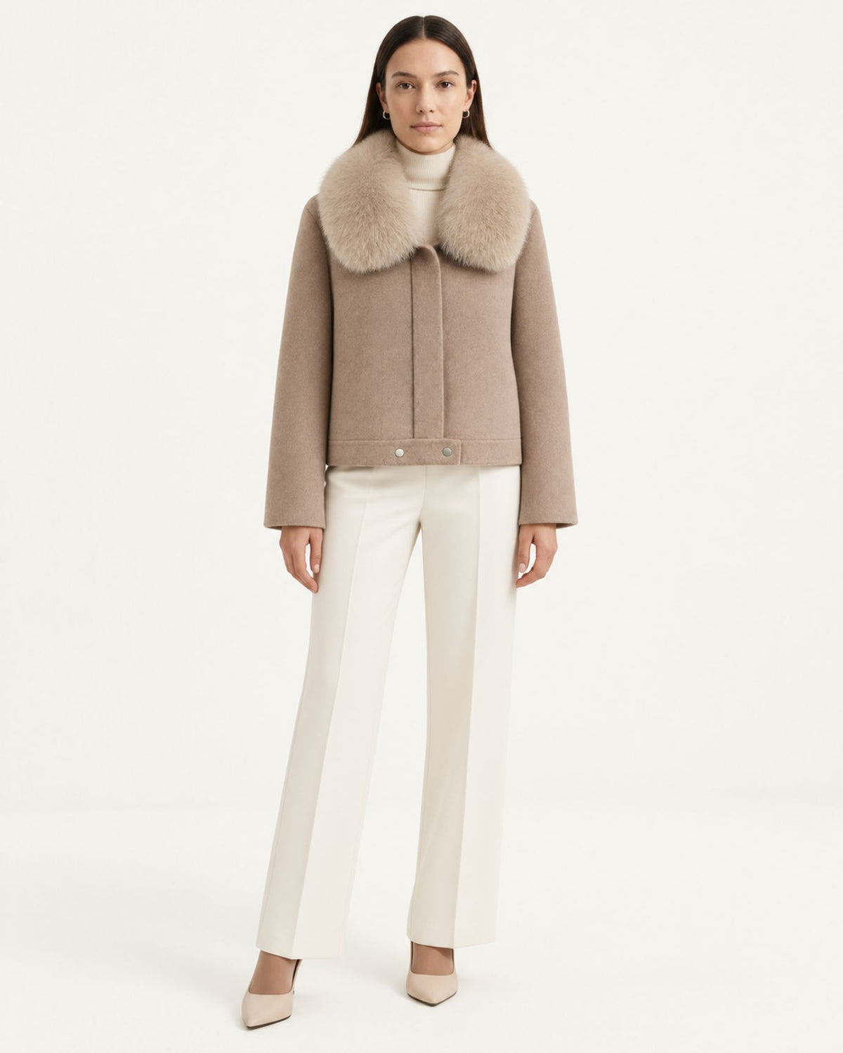 Fox Fur-Trimmed Short Double-Faced Wool Coat