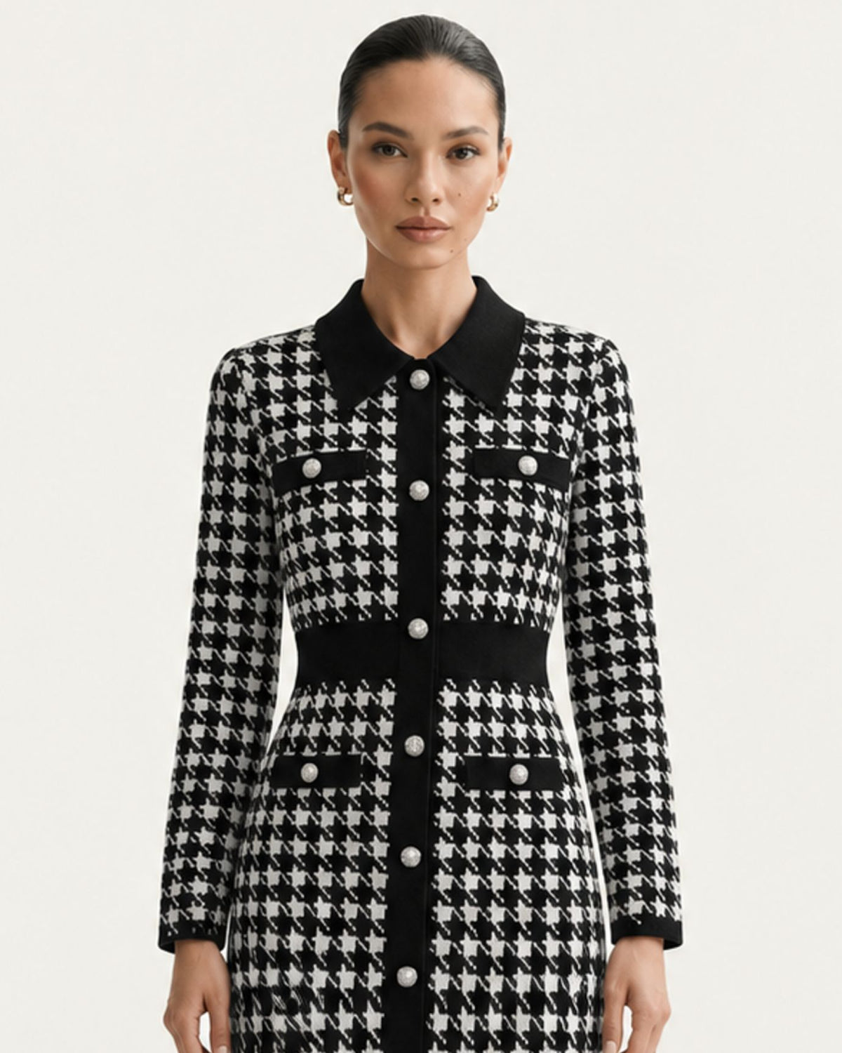 Divina Houndstooth Long-Sleeve A-Line Dress