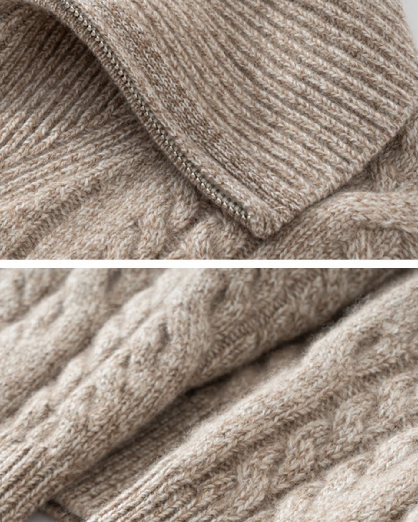 Close-up of a textured beige fabric with cable knit pattern
