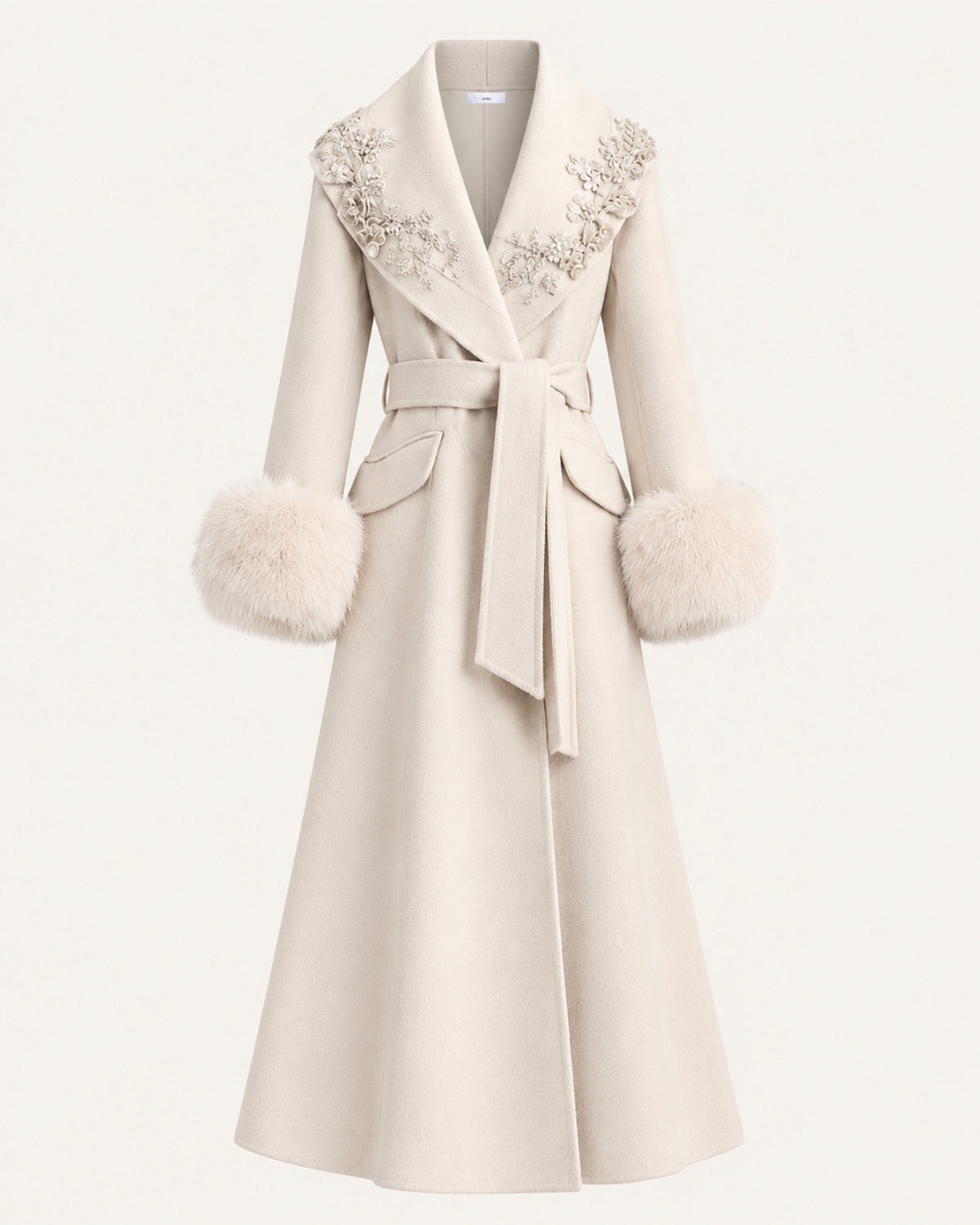 Hamptons Fox Fur Collar Embellished Wool Cashmere Coat