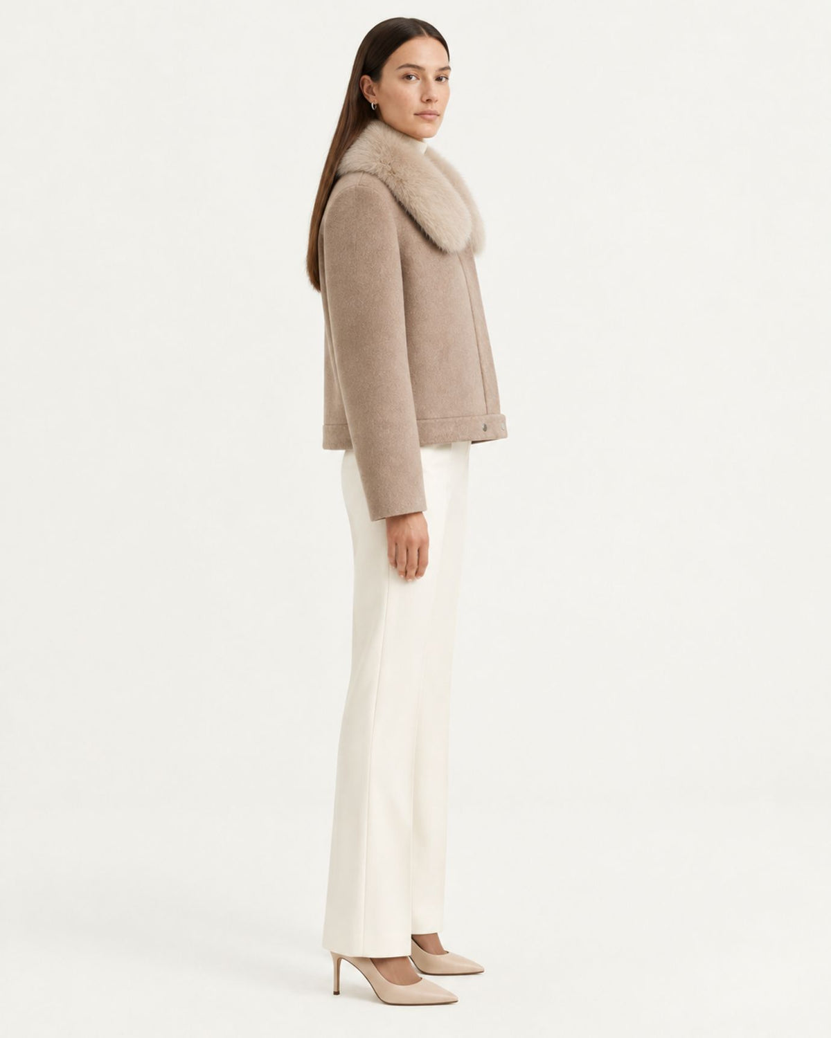 Fox Fur-Trimmed Short Double-Faced Wool Coat