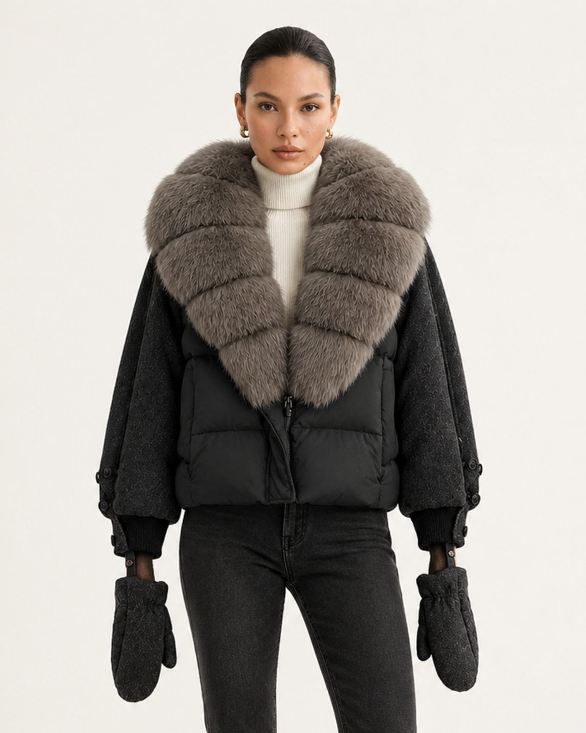 NY Duck Down Puffer Jacket with Detachable Fox Fur Collar