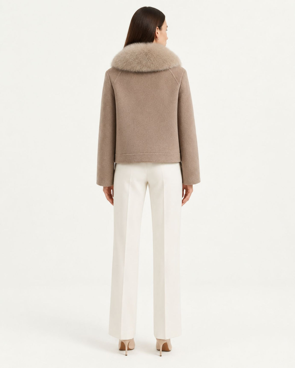 Fox Fur-Trimmed Short Double-Faced Wool Coat