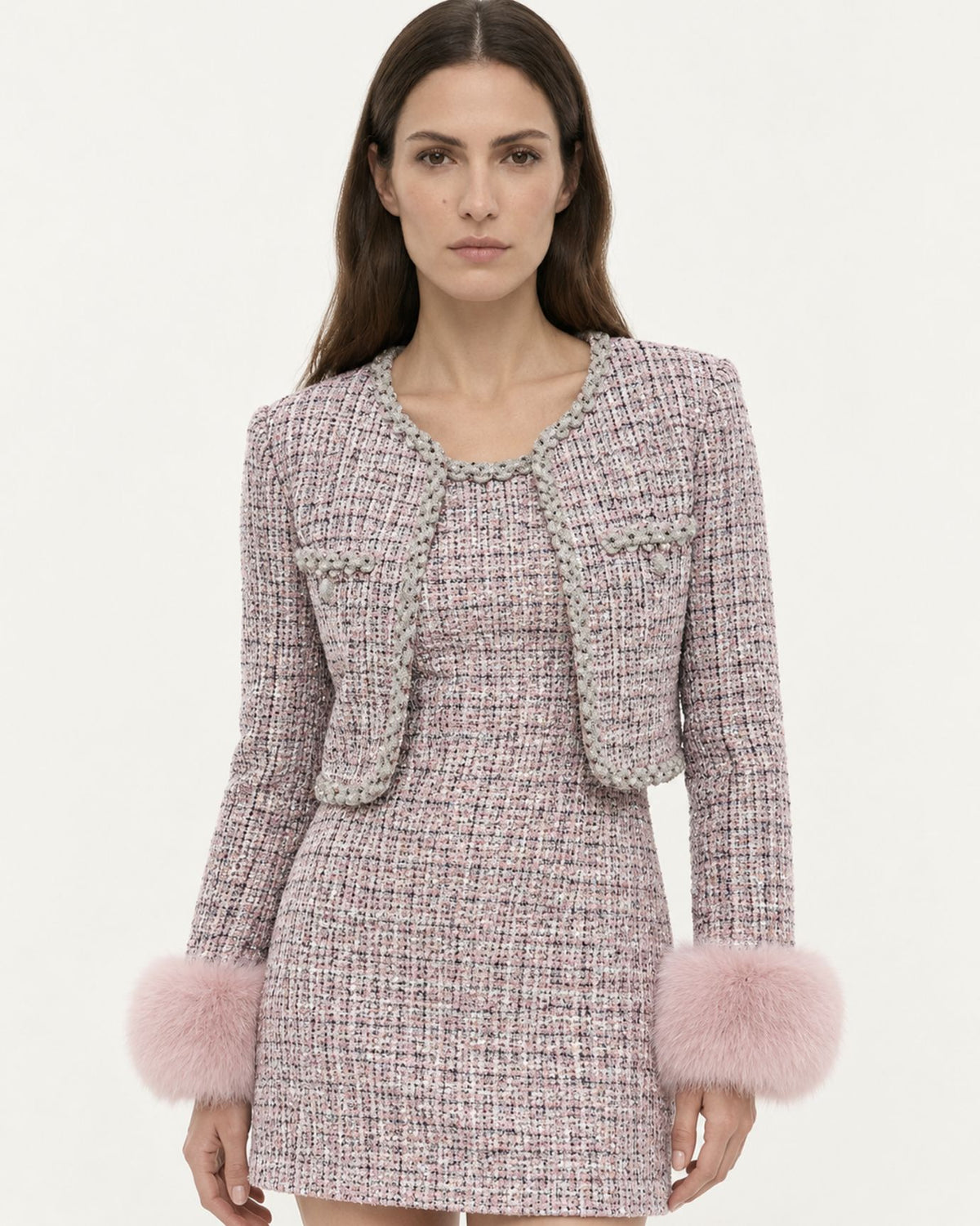 Pink Woven Wool Cardigan and Dress Set