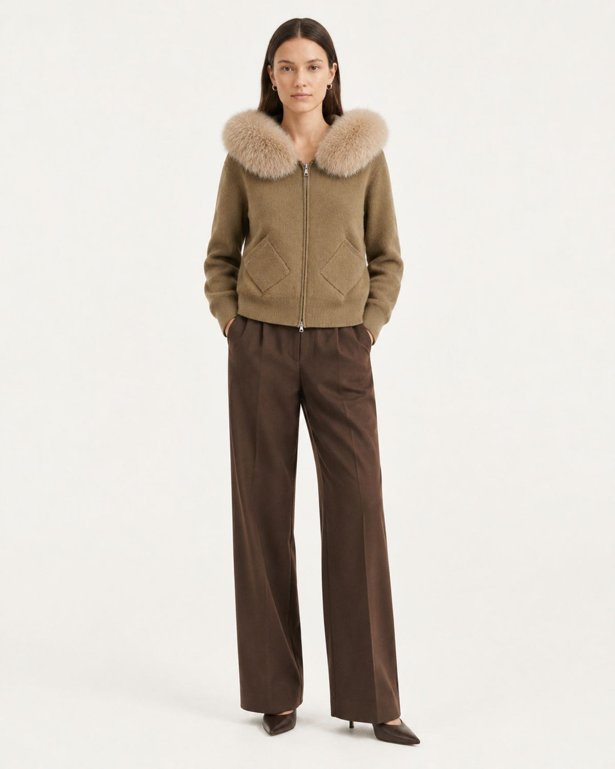 Hooded Knit Cardigan with Removable Fox Fur Trim