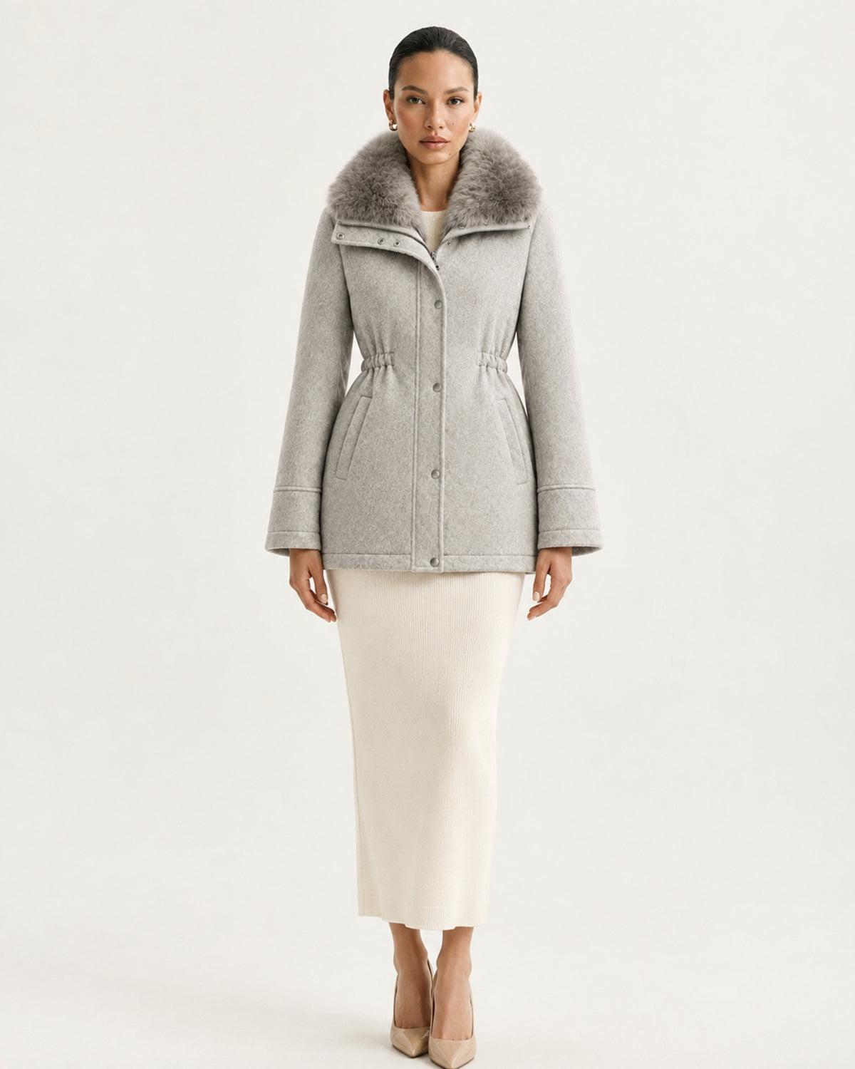 Rabbit Lined Wool Parka with Fox Fur Collar
