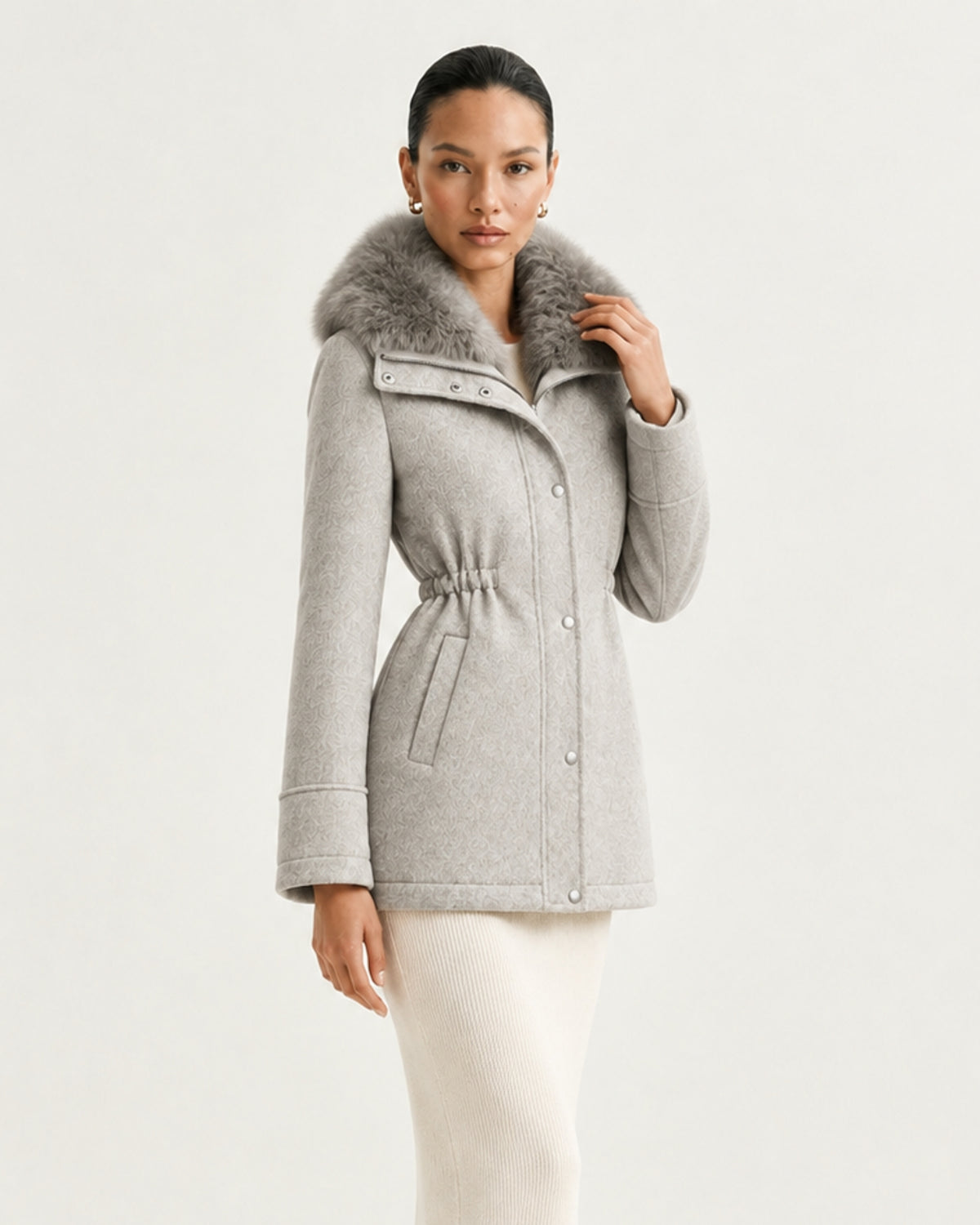 Rabbit Lined Wool Parka with Fox Fur Collar