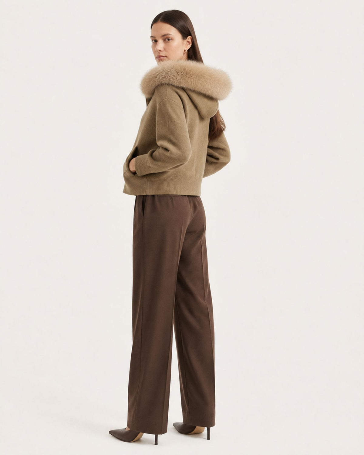 Hooded Knit Cardigan with Removable Fox Fur Trim