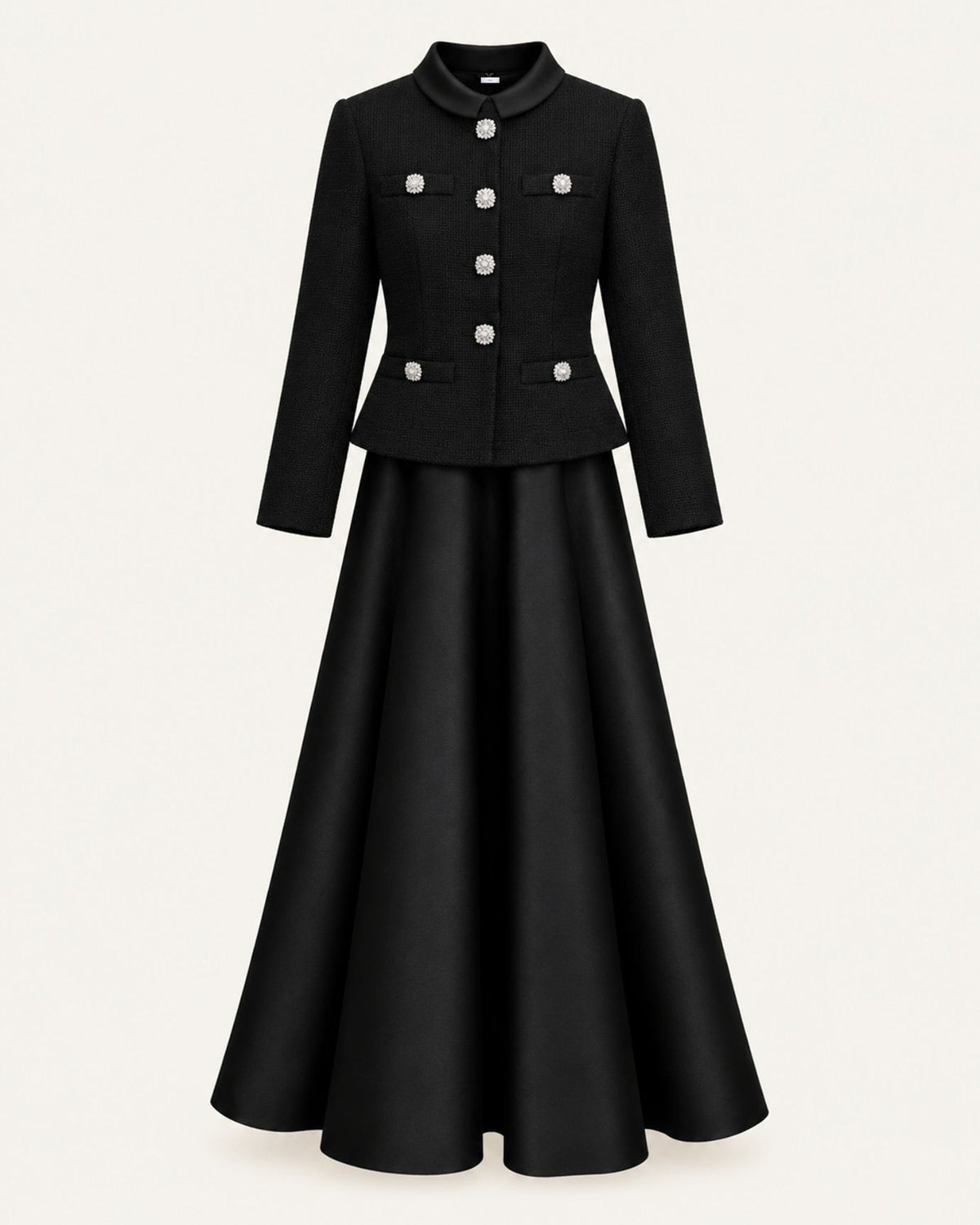 Cindy Long-Sleeve Tweed Contrast Stand-Collar Dress