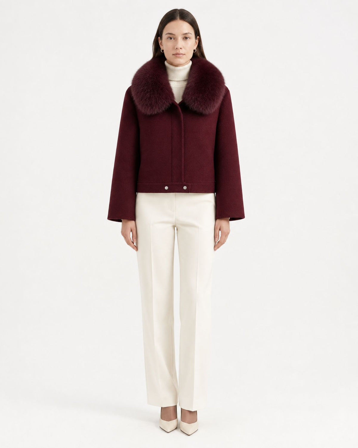 Fox Fur-Trimmed Short Double-Faced Wool Coat