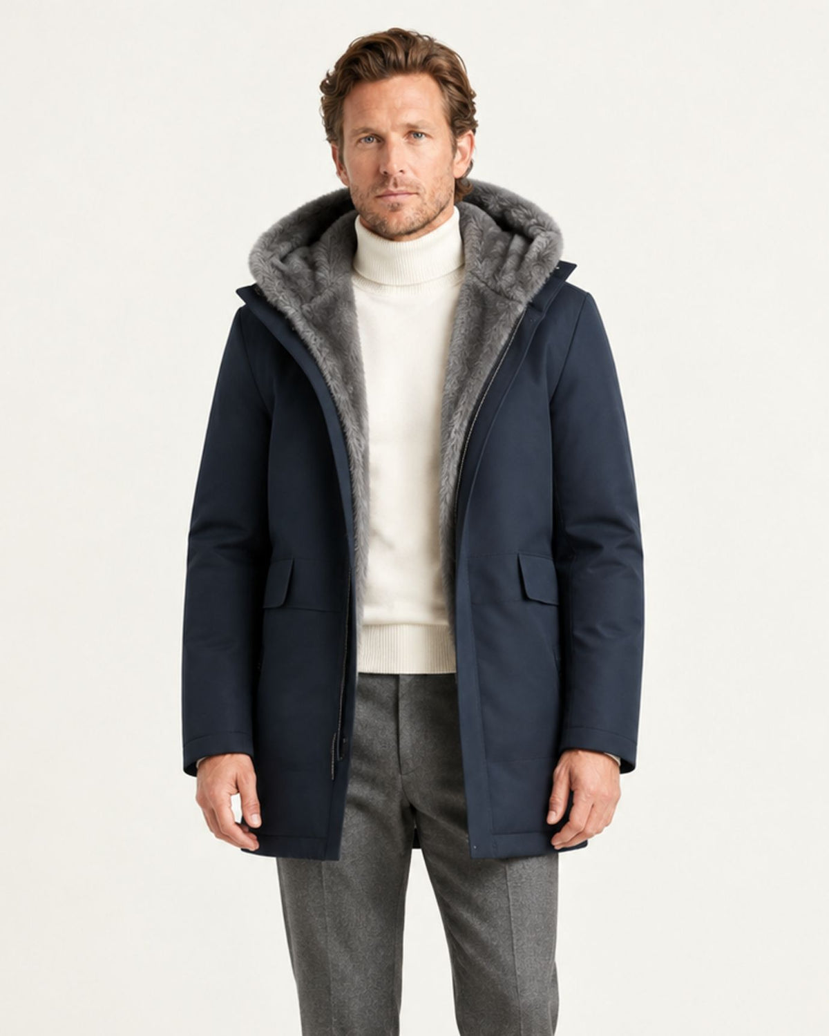 Genuine Mink-Lined Mid-Length Hooded Coat