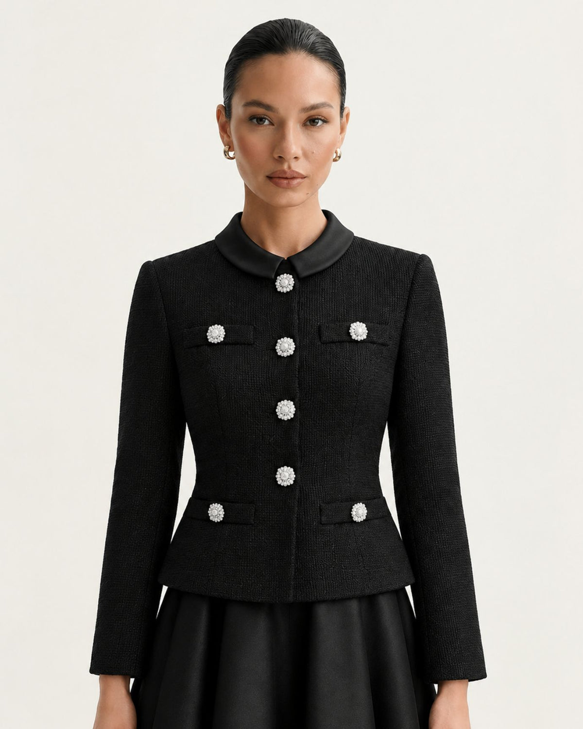 Cindy Long-Sleeve Tweed Contrast Stand-Collar Dress