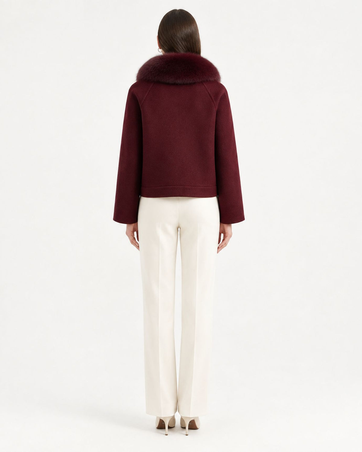 Fox Fur-Trimmed Short Double-Faced Wool Coat