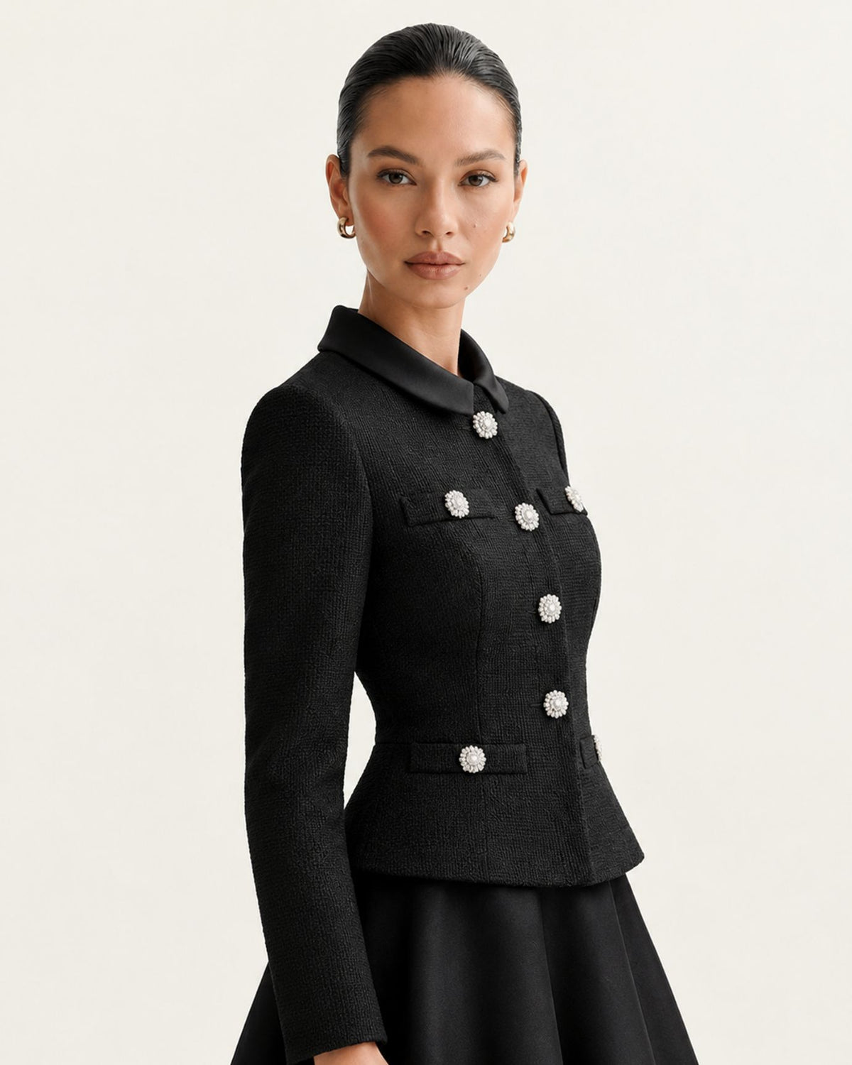 Cindy Long-Sleeve Tweed Contrast Stand-Collar Dress