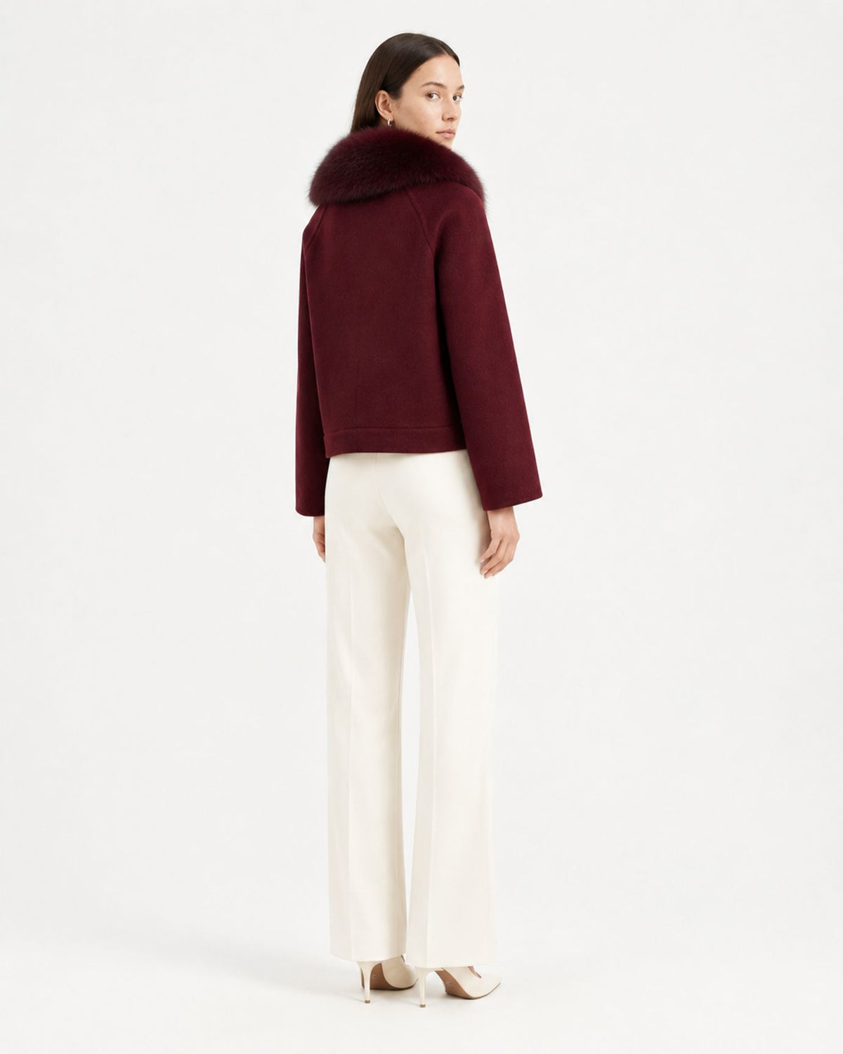 Fox Fur-Trimmed Short Double-Faced Wool Coat