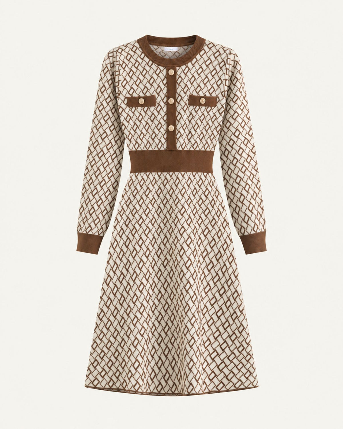 Zira Round-Neck Contrast Jacquard Knit Dress with Buckle Waist