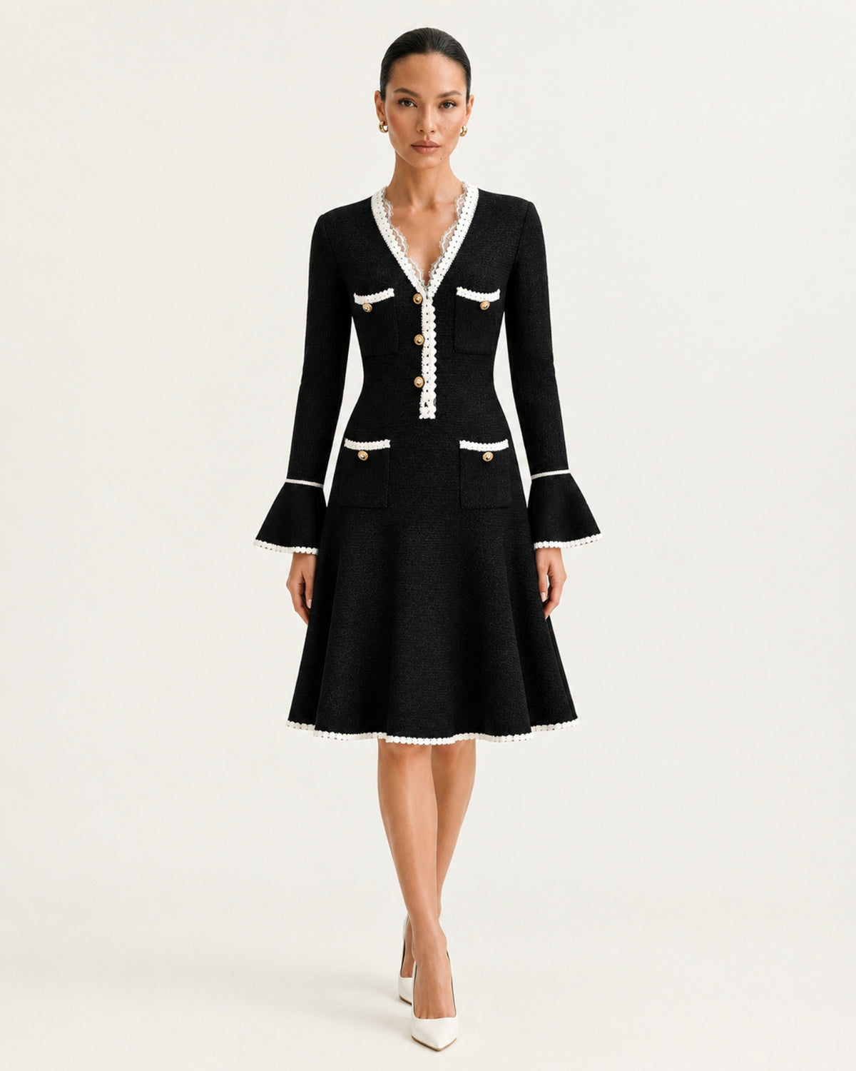 Georgina Long-Sleeve Cutout Ruffle Knit Dress