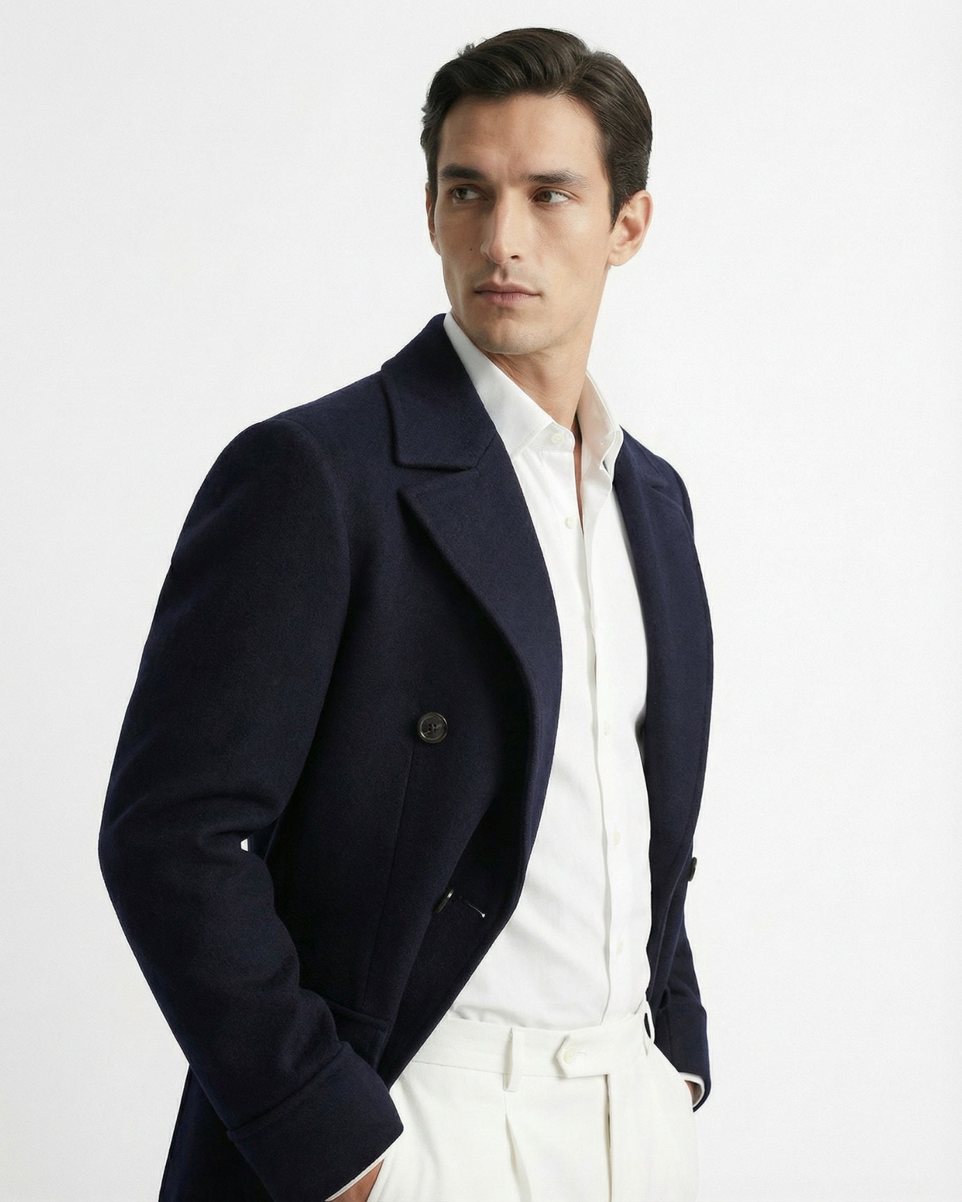 Navy Blue Thick Double-Breasted Wool Coat with Ulster Collar