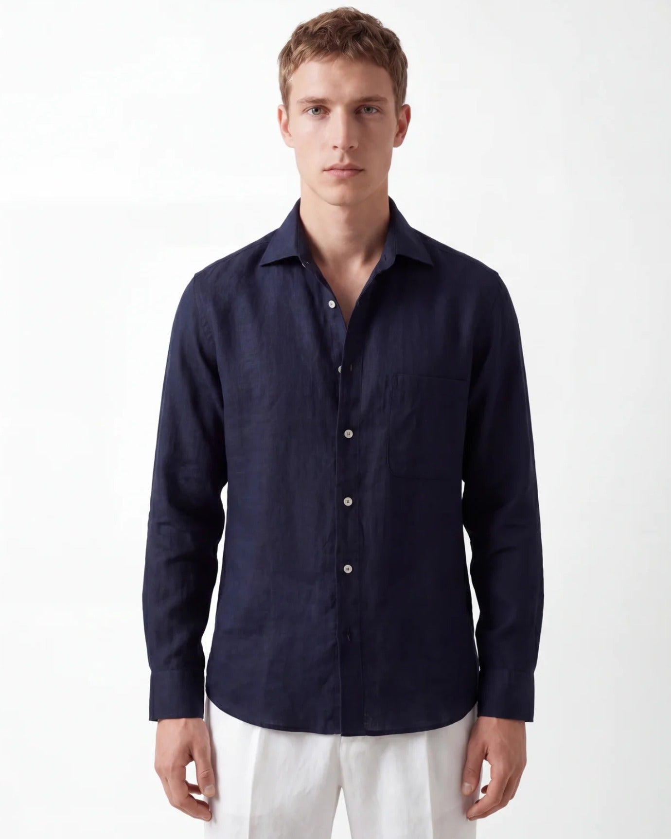 Contemporary Navy Blue Linen Shirt