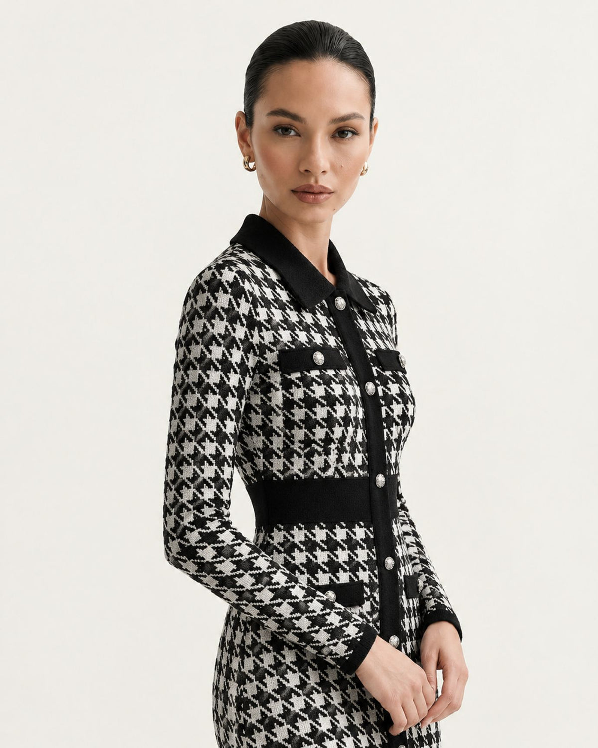 Divina Houndstooth Long-Sleeve A-Line Dress