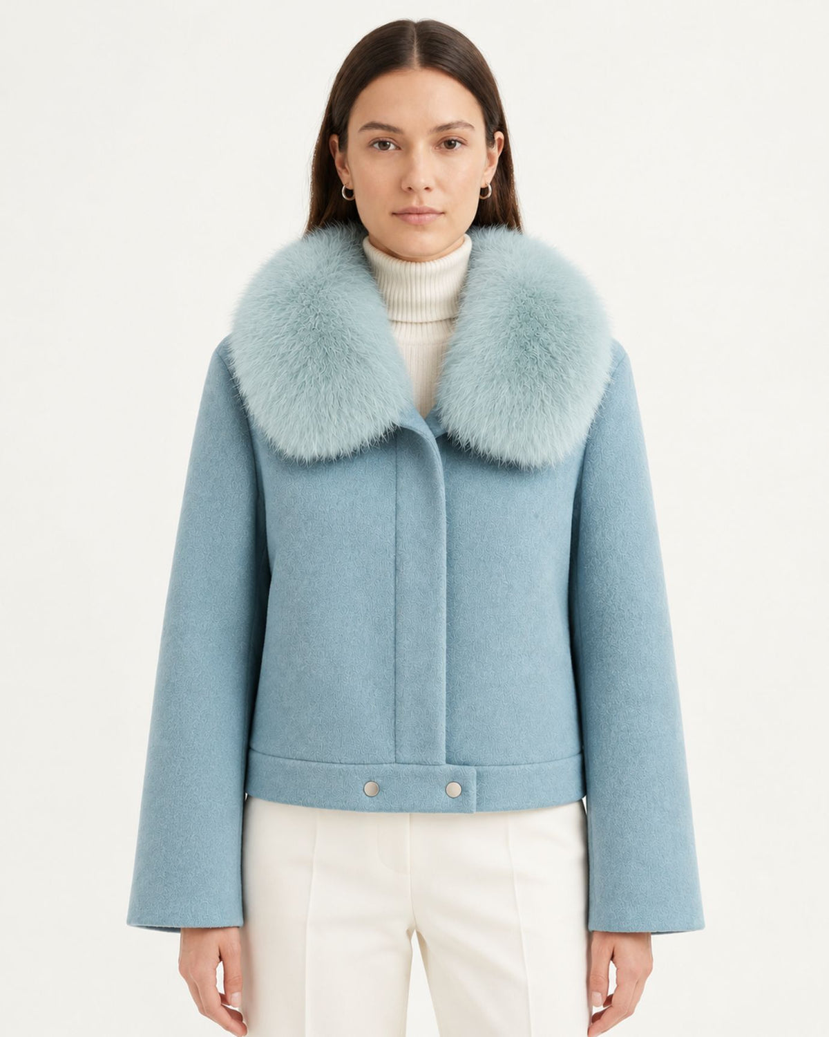 Fox Fur-Trimmed Short Double-Faced Wool Coat