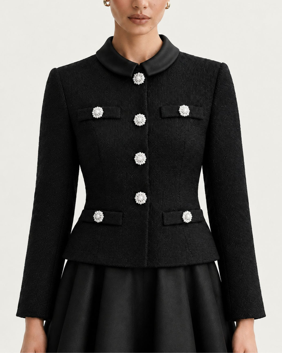 Cindy Long-Sleeve Tweed Contrast Stand-Collar Dress