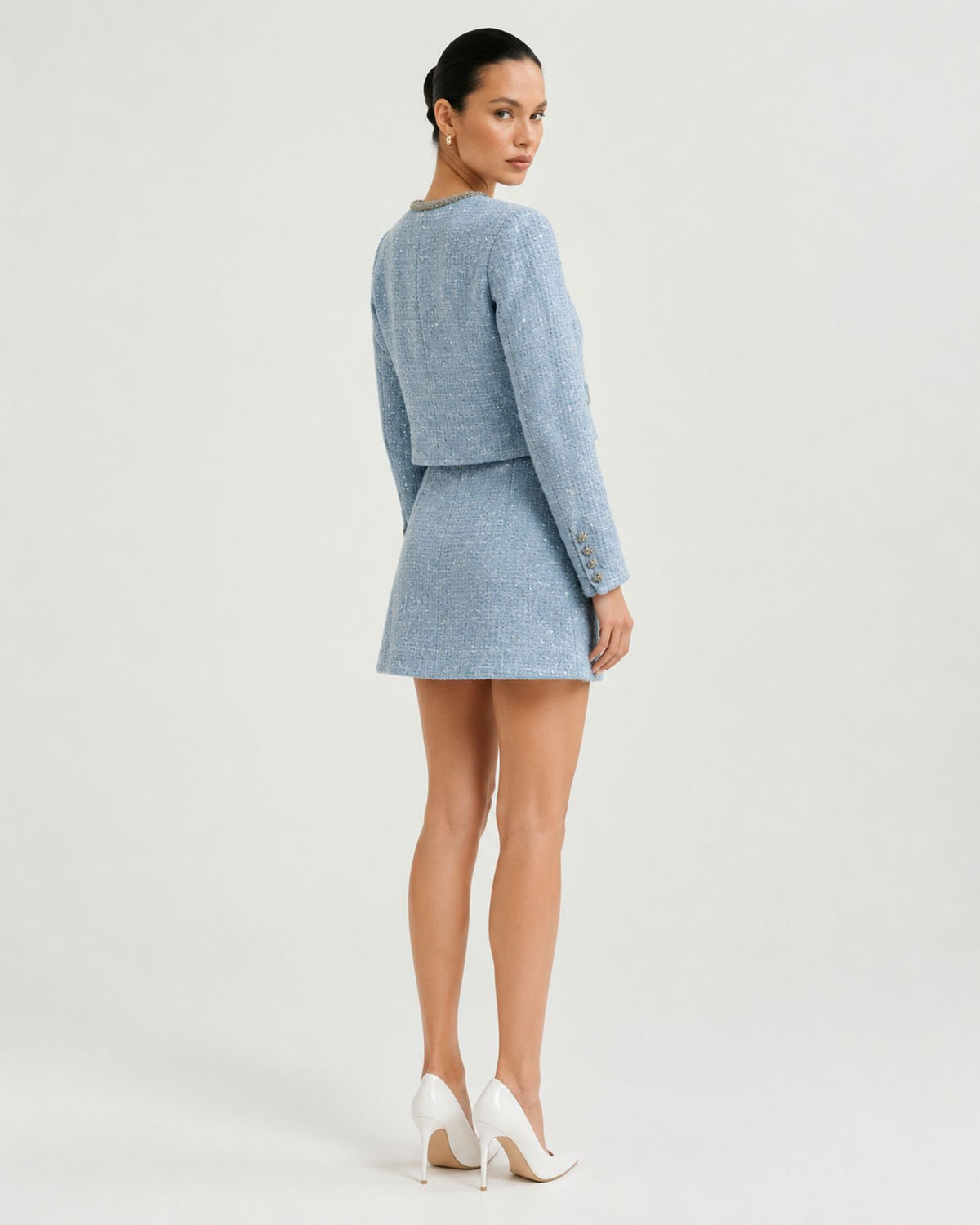 Mist Blue Sequin Wool Cardigan & Skirt Set