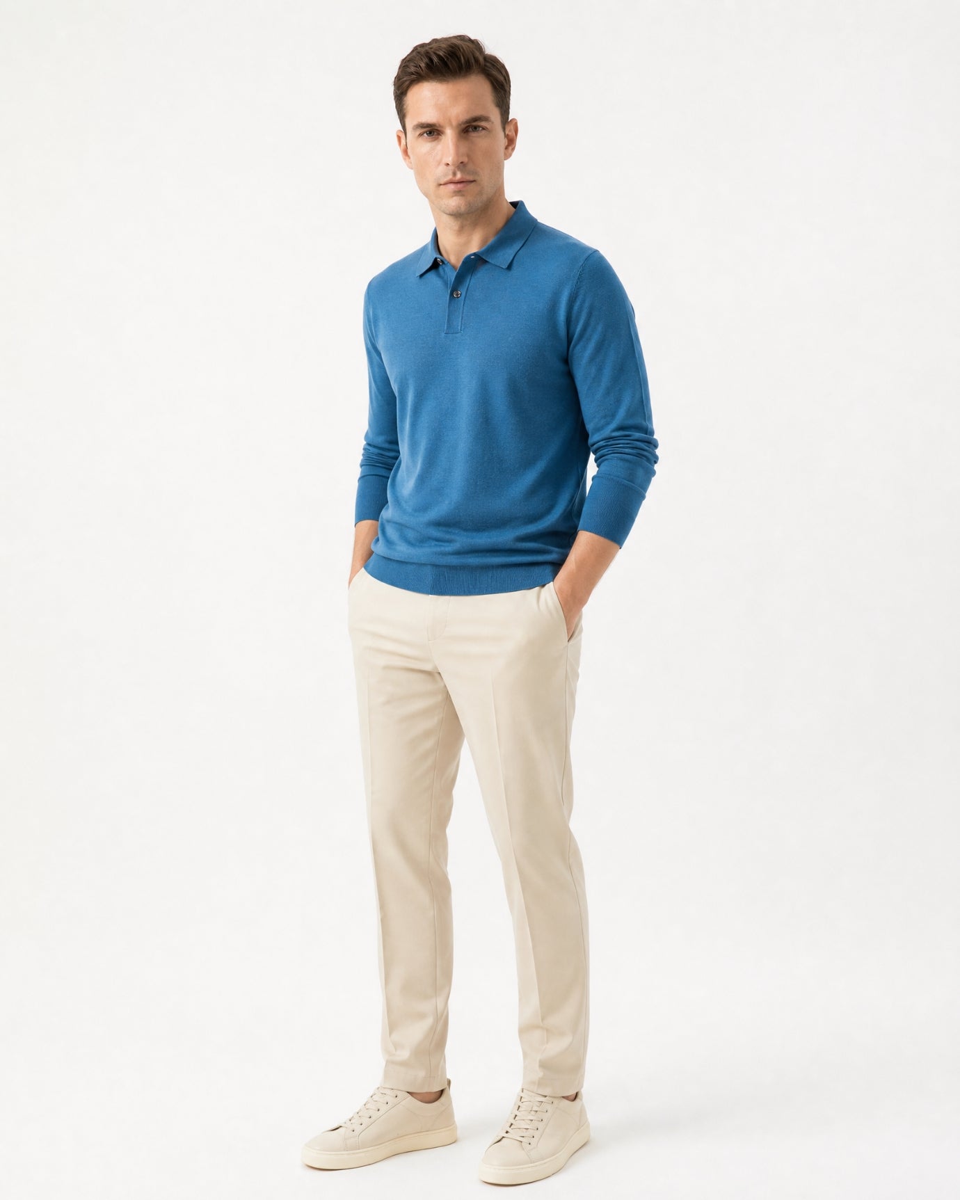 Worsted Merino Wool Long-Sleeve Polo Sweater