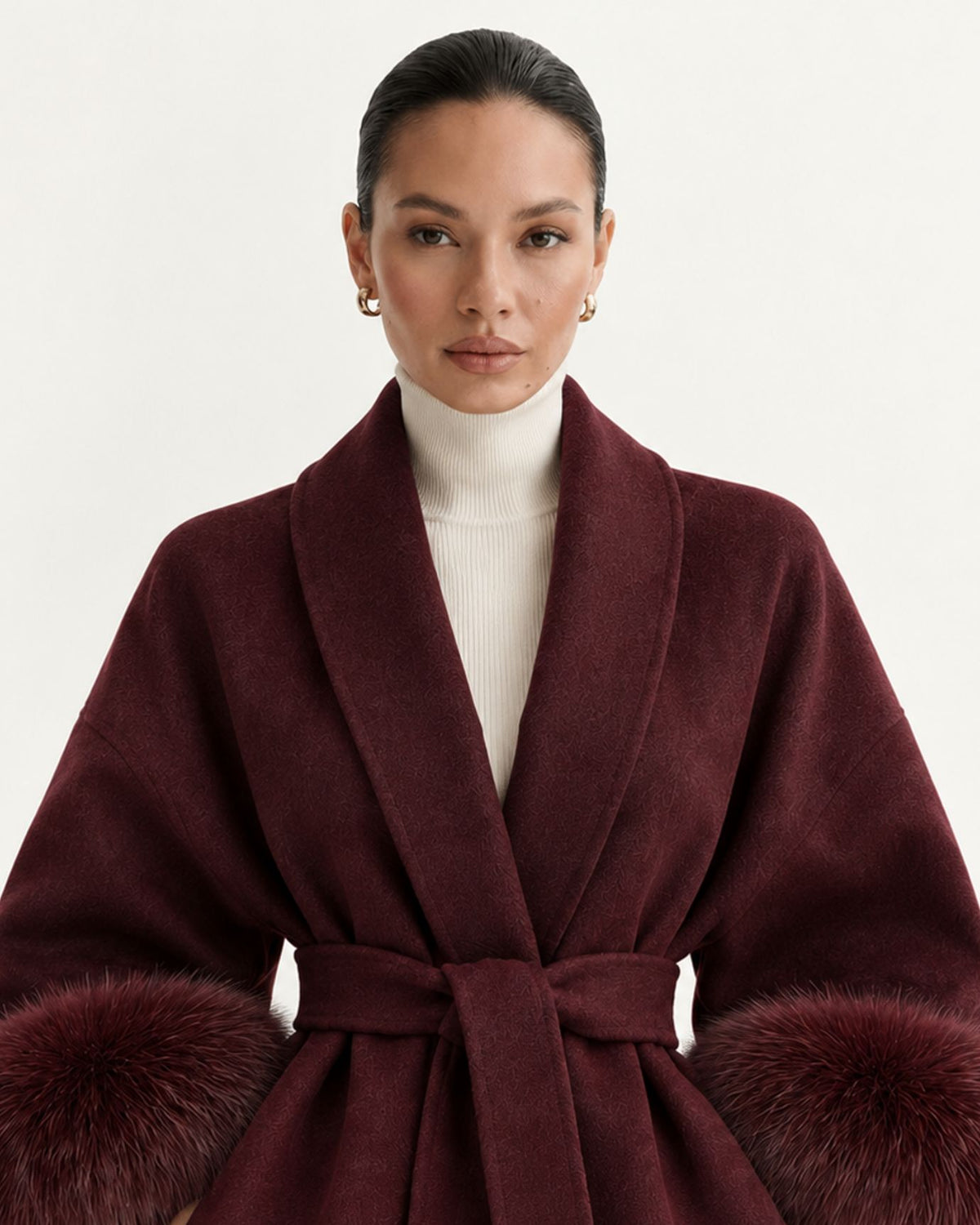 Divina Belted Double-Faced Wool Coat with Fox Fur Cuffs