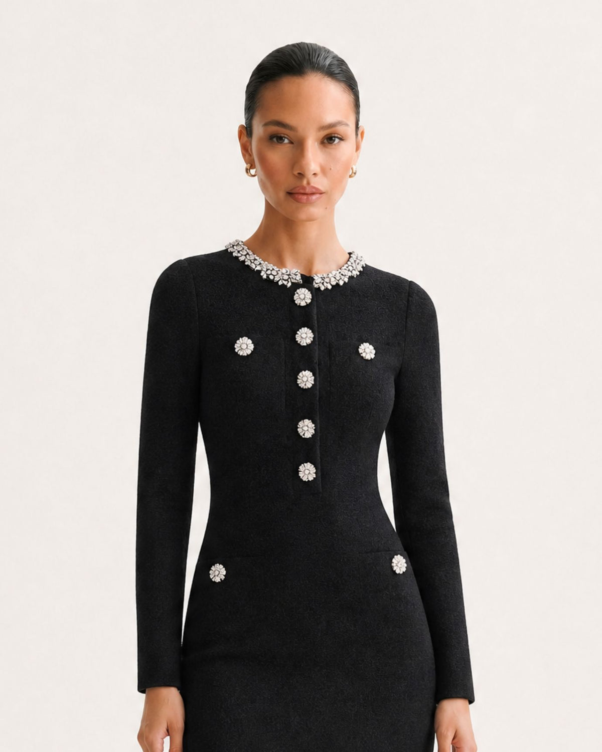 Long Sleeve Slim-Fit Rhinestone-Embellished Knit Dress